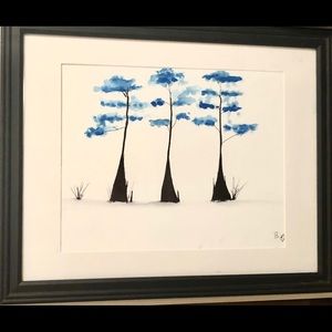 Mixed media original art abstract blue tree nature